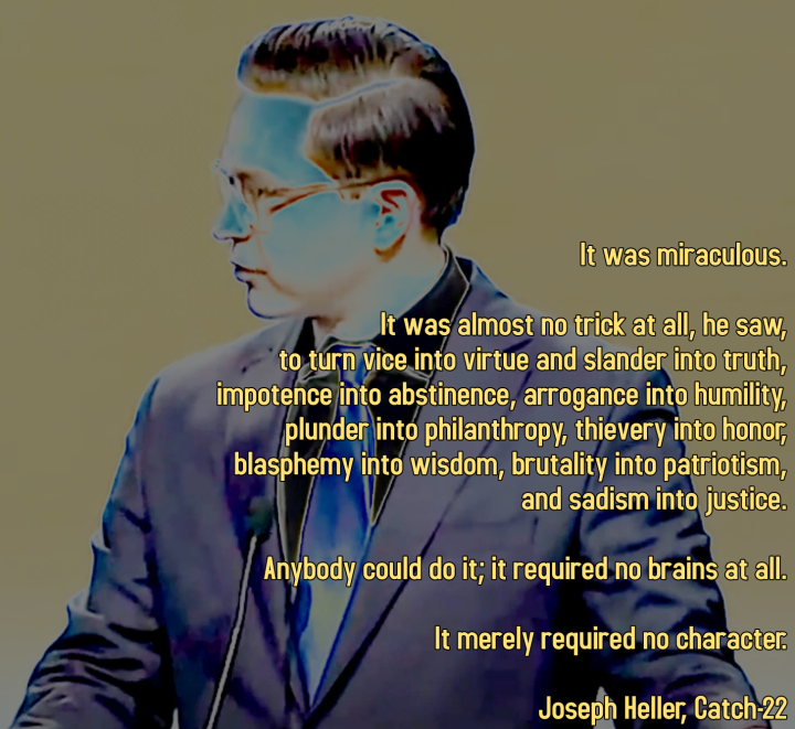 A modified image of Pierre Poilievre, accompanied by a quote from Joseph Heller's novel Catch-22 about how to be a demagogue
